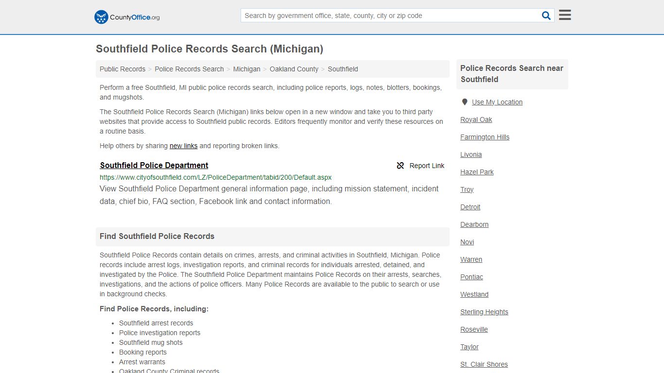 Southfield Police Records Search (Michigan) - County Office